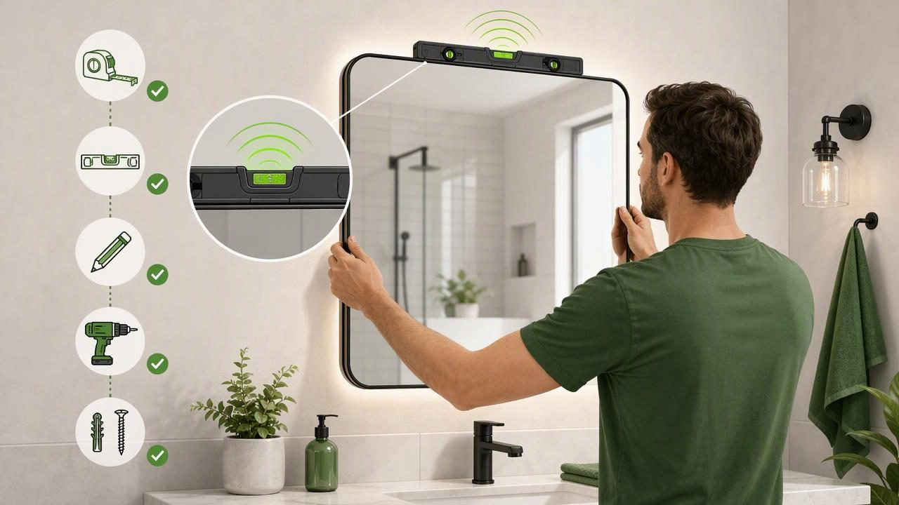 Install a Bathroom Mirror: Checklist With a Haptic Level Tool