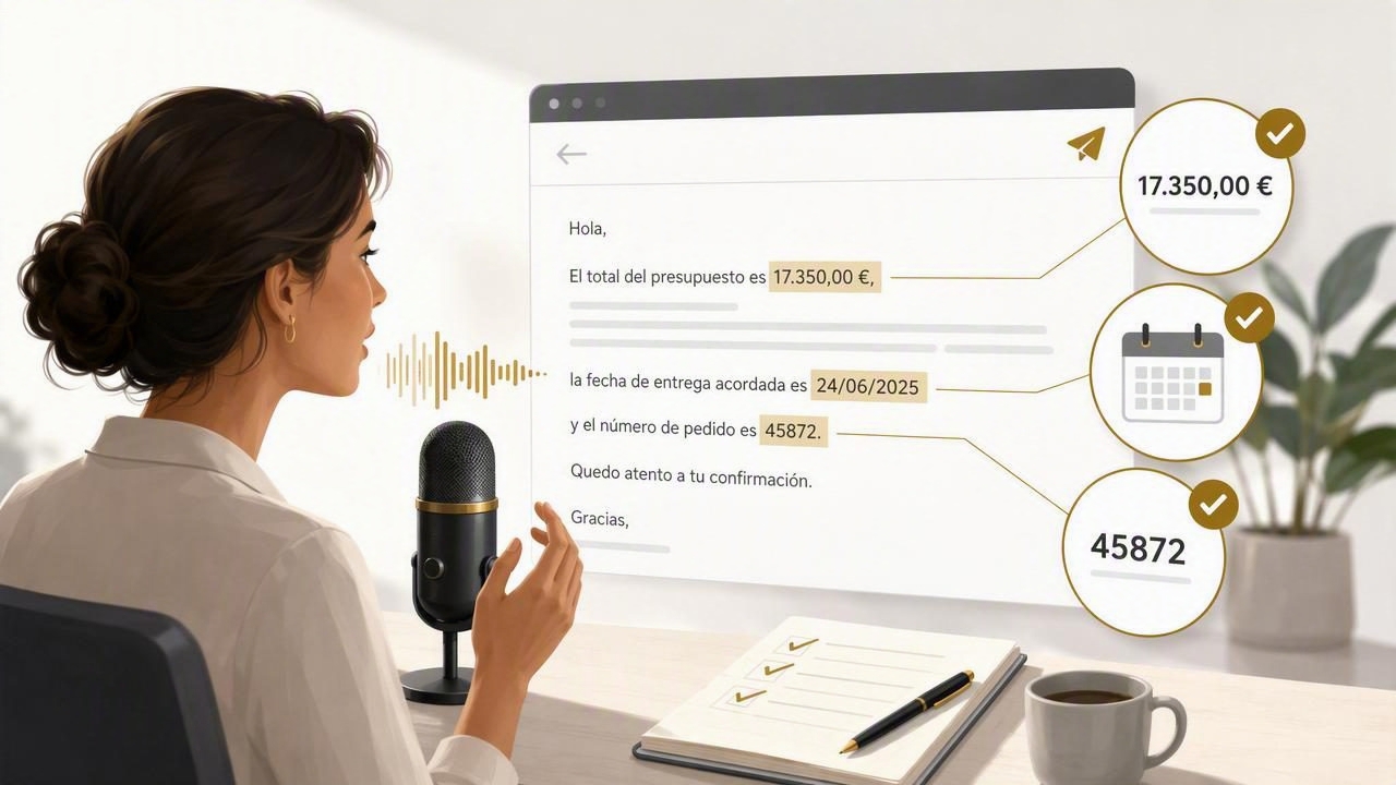 Cómo revisar números y fechas en un correo dictado