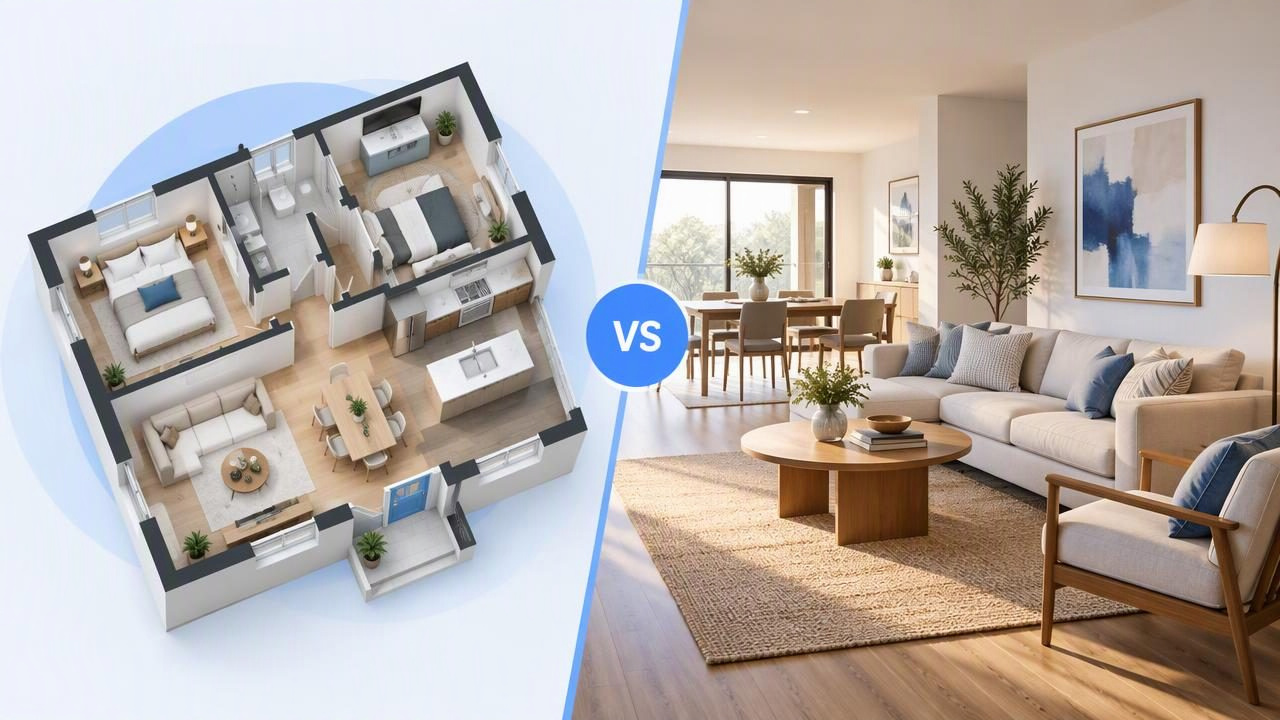 3D Floor Plan Renderer vs Physical Furniture Staging
